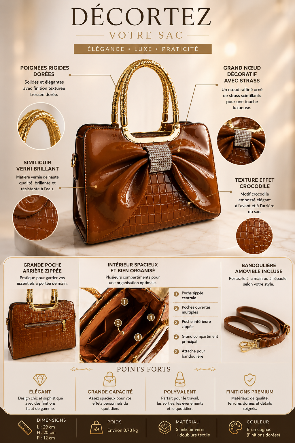 Sac à main-Brun cognac brillant