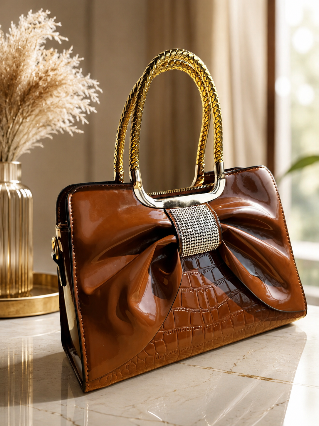 Sac à main-Brun cognac brillant